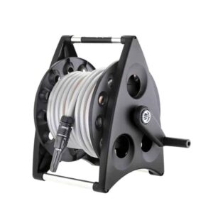 Wall-mounted hose reel with: 20 m hose Silver Ø 1/2", 3/4” tap connector + 1/2” reducer, 4 automatic couplings, spray nozzle, Claber 8945