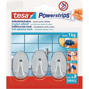 Powerstrips self-adhesive small hooks oval chrome (3 Hooks), Tesa 57543