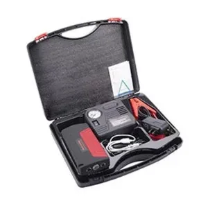 Portable car jump starter with air compressor, emergency light, USB charging, and advanced safety features.