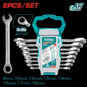 The 8 Pcs Flexible Ratchet Spanner Set (THT102RK586) includes versatile spanners with a flexible head for easy access in tight spaces. Durable and reliable, perfect for various mechanical tasks.