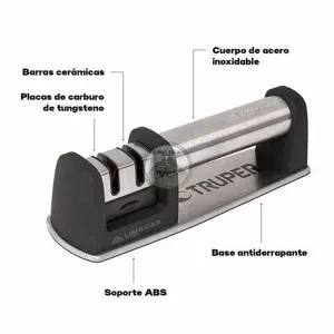 "Truper 15147 manual knife sharpener with two sharpening stages for precision. The sharpener features a durable plastic body, ergonomic handle, and two ceramic wheels for coarse and fine sharpening. Ideal for maintaining kitchen knives, it provides a secure, easy-to-use grip while restoring blade sharpness efficiently. Compact and portable design for convenient storage."