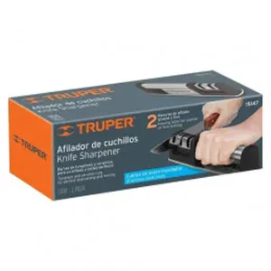"Truper 15147 manual knife sharpener with two sharpening stages for precision. The sharpener features a durable plastic body, ergonomic handle, and two ceramic wheels for coarse and fine sharpening. Ideal for maintaining kitchen knives, it provides a secure, easy-to-use grip while restoring blade sharpness efficiently. Compact and portable design for convenient storage."