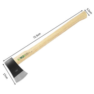 This image shows a unique axe with a wooden handle and a black, wedge-shaped head. The head has an unusual split or extended design, likely for improved cutting or splitting efficiency. The axe appears to be a "splitter" or tactical axe, possibly for wood chopping or outdoor use. Let me know if you need more details or analysis!