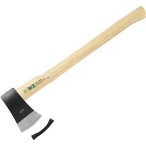 This image shows a unique axe with a wooden handle and a black, wedge-shaped head. The head has an unusual split or extended design, likely for improved cutting or splitting efficiency. The axe appears to be a "splitter" or tactical axe, possibly for wood chopping or outdoor use. Let me know if you need more details or analysis!