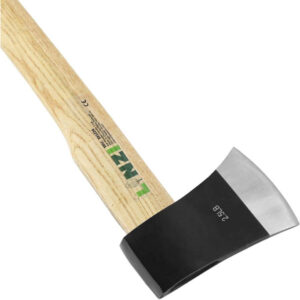 This image shows a unique axe with a wooden handle and a black, wedge-shaped head. The head has an unusual split or extended design, likely for improved cutting or splitting efficiency. The axe appears to be a "splitter" or tactical axe, possibly for wood chopping or outdoor use. Let me know if you need more details or analysis!