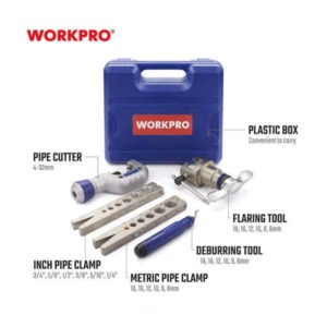 "WORKPRO pipe flaring tool kit displayed with a blue plastic carrying case labeled 'WORKPRO'.