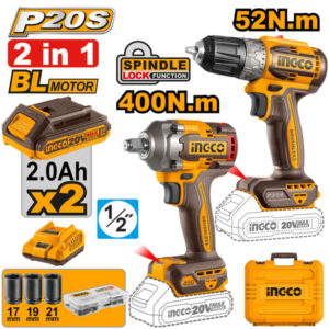 INGCO CKLI20271 20 V Cordless 2‑Piece Combo Kit (Brushless Drill + Impact Wrench)