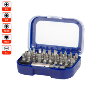 Set of SL, PH, PZ, TX, HEX bits, 25 mm long, C1/4" with Workpro WP200513 holder, Cr-V, 31 pieces