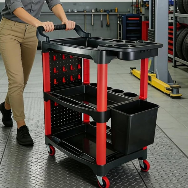 Tier Rolling Auto Detailing Cart with Wheels, Hooks, Hanging Bucket & Cat-Ear Basket – Red/Black