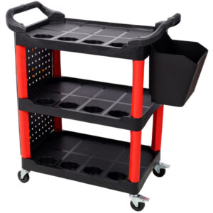 3-Tier Rolling Auto Detailing Cart with Wheels, Pegboard, Bucket & Spray Holders – Red/Black