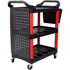 3-Tier Rolling Auto Detailing Cart with Wheels, Pegboard, Bucket & Spray Holders – Red/Black