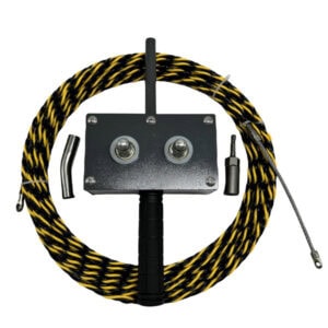 Heavy-duty electrical testing tool with black and yellow cable for construction use.