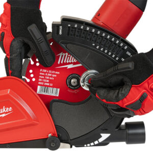 Power tool Milwaukee circular saw with adjustable cutting depth and safety features.