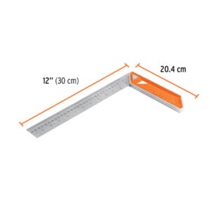 Stainless steel carpenter square with orange handle, 30 cm length, durable construction for precise.
