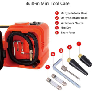 Portable Mini Tool Case with Inflator Heads and Accessories for Construction and DIY Projects.