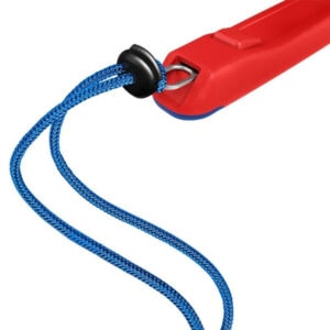 Red plastic safety whistle with blue lanyard from SAKR Building Materials.