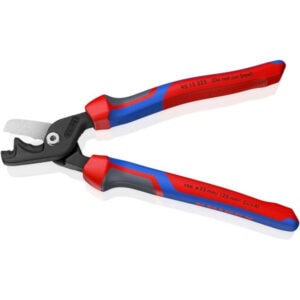 Adjustable pipe wrench with red and blue handles, suitable for plumbing and construction tasks.