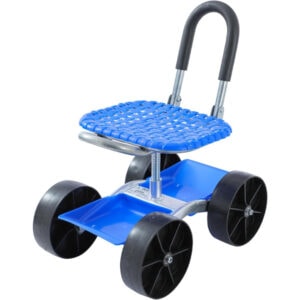 Heavy-duty blue plastic ride-on toy with four large wheels and a handlebar, suitable for children’s.