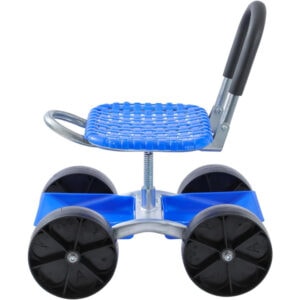 Blue plastic rolling chair with four large black wheels and a handle for mobility, designed for chil.
