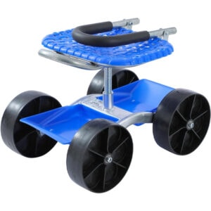Heavy-duty blue plastic and metal hand truck with large wheels, ideal for construction and moving he.