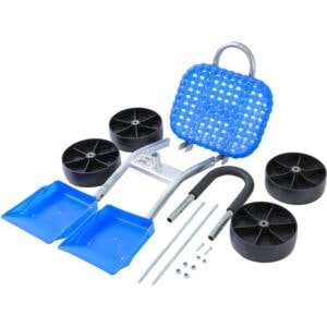 Heavy-duty plastic and metal construction garden cart with wheels, ideal for outdoor yard work and g.