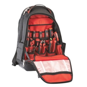 Heavy-duty tool backpack with multiple compartments, black and red, for construction and electrical.