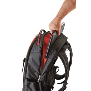 Durable black and red backpack for tools with laptop compartment, ideal for construction workers and.