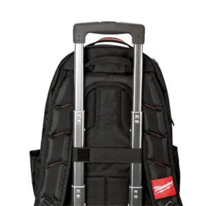 Milwaukee tool backpack with retractable handle, durable construction for construction workers.