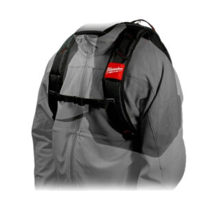 Milwaukee backpack harness for power tools, durable and adjustable, ideal for construction work.