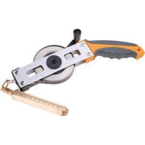 Heavy-duty tape measure with orange and black handle, ideal for construction and DIY projects.