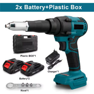 Power drill with 2 batteries, plastic box, charger, and rivet tool from SAKR Building Materials, Leb.