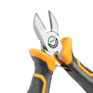 Heavy-duty diagonal cutting pliers with yellow and black handles, ideal for electrical and construct.