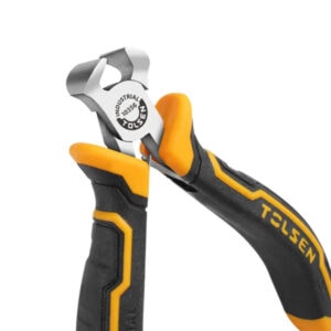 The image shows a pair of pliers with a yellow and black handle, branded TOLSEN, used for industrial.