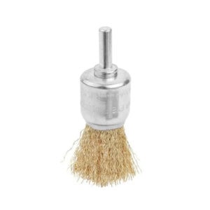 Heavy-duty wire brush attachment for power drills, ideal for cleaning and rust removal.