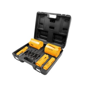 Cordless power tool set with yellow batteries and accessories from SAKR Building Materials.