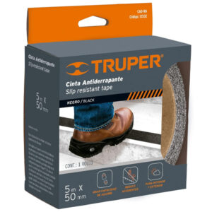 Anti-slip tape by Truper, 5m x 50mm, black, for safety and grip.