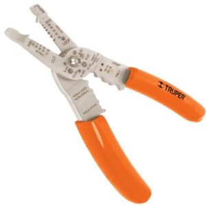 Heavy-duty Truper wire stripper with orange handles, ideal for electrical work and cable stripping.