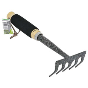 Heavy-duty gardening rake with wooden handle and metal tines, ideal for landscaping and yard work.