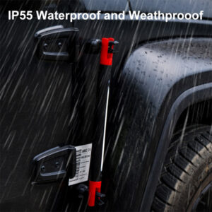 IP55 waterproof and weatherproof emergency warning light attached to a vehicle in rainy conditions.
