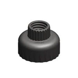Black plastic threaded cap for plumbing or construction use, available at SAKR Building Materials.