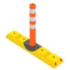 Safety barrier with orange and white striped pole and yellow base from SAKR Building Materials.