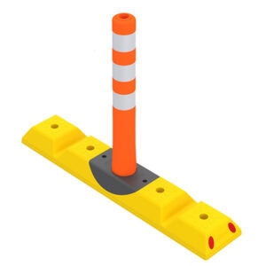 Safety barrier with orange and white striped pole and yellow base from SAKR Building Materials.
