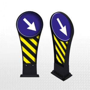 Directional traffic bollards with blue arrows, safety warning signs, SAKR Building Materials.