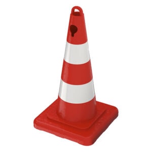 Red and white traffic cone for construction safety, SAKR Building Materials.