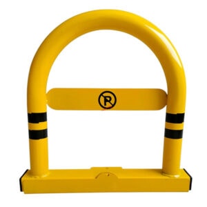 Heavy-duty yellow safety barrier with black stripes for construction sites.
