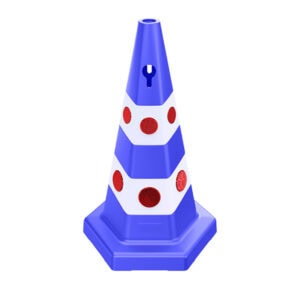 Blue traffic cone with reflective red and white stripes, ideal for construction sites and safety zon.