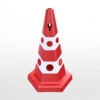 Red and white plastic traffic cone for construction safety and traffic control.