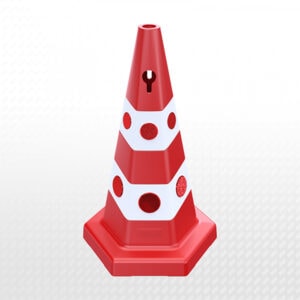 Red and white plastic traffic cone for construction safety and traffic control.