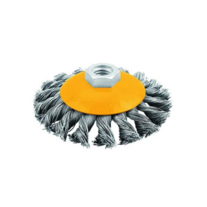 Heavy-duty wire brush with metal handle for cleaning and rust removal.