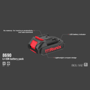 Ronix 8690 20V 2Ah Li-ion Battery – Rechargeable Battery for 86 Series Tools